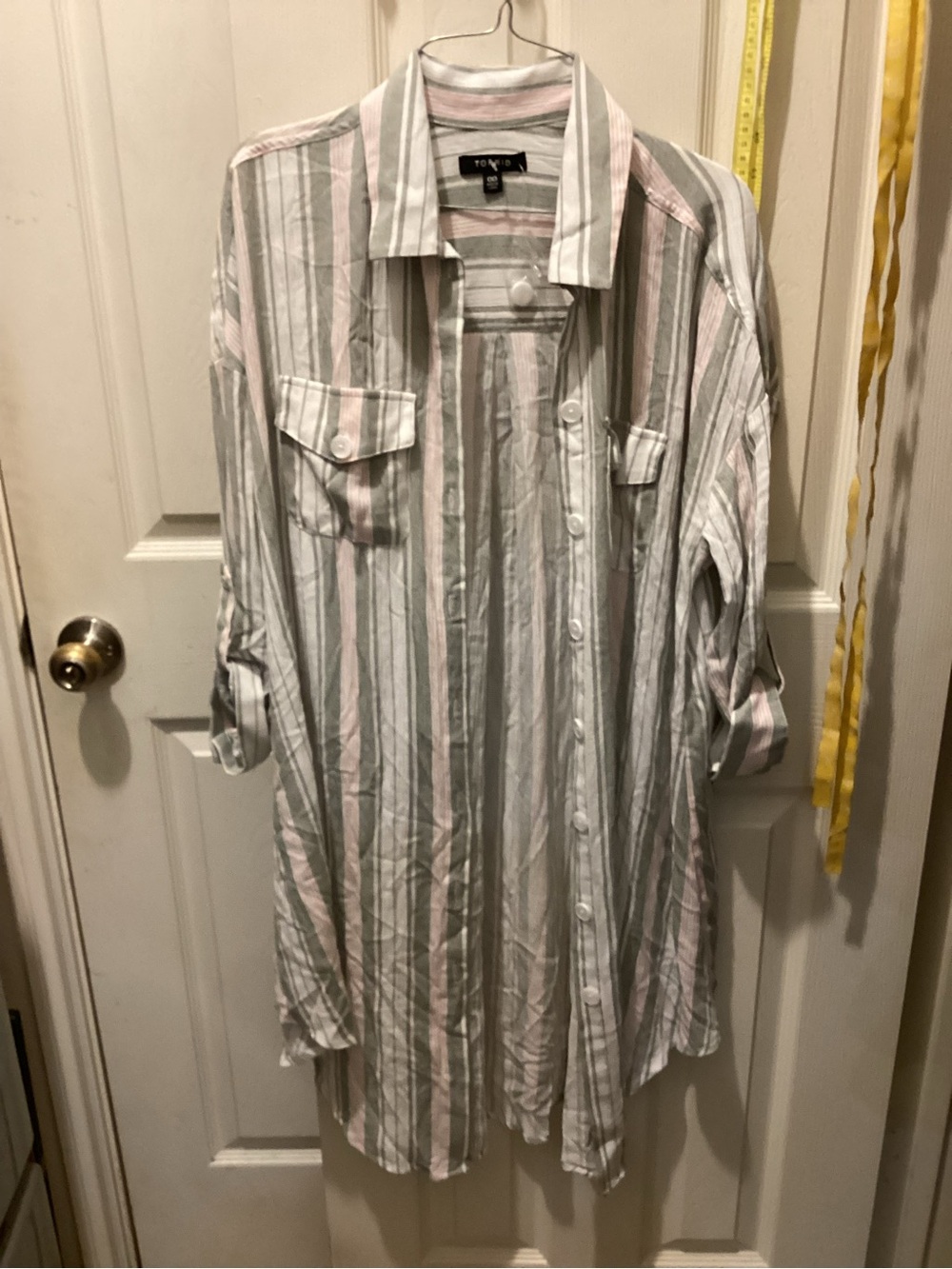 torrid Striped Longline Button-Down Shirt dress in Gray & Pink